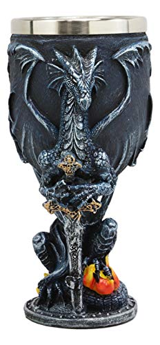 Ebros Celestial Blue Divine Fire Winged Dragon With Excalibur Sword Wine Goblet Chalice Cup 7oz Capacity Figurine Resin With Stainless Steel Liner Medieval Dungeons And Dragons Alchemy Decor