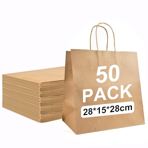 Sac en papier marron 28x15x28 cm | Lot de 50 sacs cabas kraft pour shopping et cadeaux