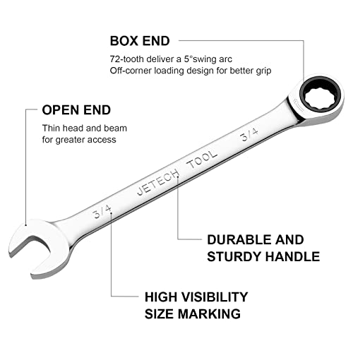 Jetech 3/4 Inch Ratcheting Combination Wrench, Industrial Grade Gear Spanner With 12-Point Design, 72-Tooth Ratchet, Made With Forged And Heat-Treated Cr-V Steel In Chrome Plating, Sae #TOP1