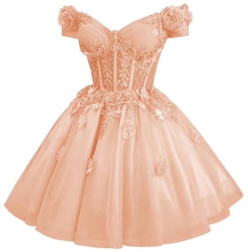 Image of Zhangyo Sparkly Tulle Homecoming Dresses for Teens Off Shoulder DAMA Dress | Sparkly Tulle Homecoming Dresses, for Teens, Off Shoulder DAMA Dresses for Quinceanera, 3D Butterfly Short Ball Gown