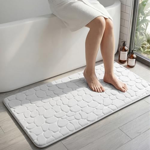 YIHOUSE Memory Foam Runner Rug, Cobblestone Bathroom Runner Rugs Super Water Absorbent Bath Mats for Bathroom Machine Washable Bath Rugs for Hallway Bedroom Laundry Room(24 x 47,White) - image 1