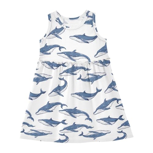 ALAZA Blue Whale White Girls Dress Sleeveless Dresses Toddler Casual Dress Summer Sundress 2-8 Years