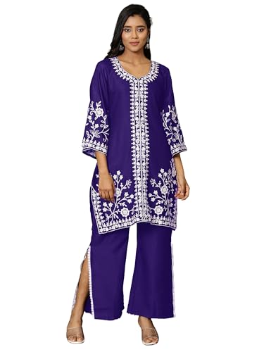 Image of EthnicJunction Women's Cotton Blend Chikankari Embroidered A-Line Kurta Palazzo Set Ethnic Wear Office Wear Daily Wear Festive Kurta Set for Women