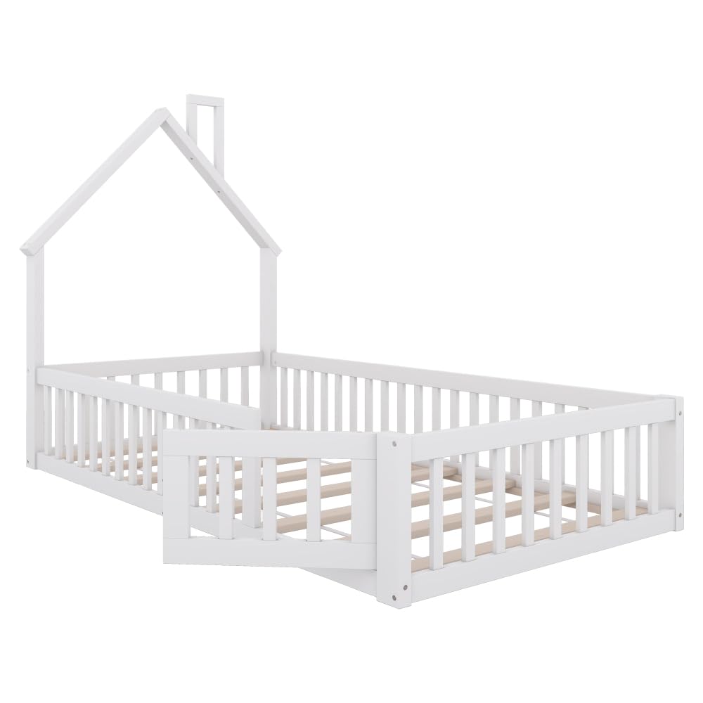 Cama nido para niñas, cama infantil con forma de chimenea, cama con somier (sin colchón), madera de pino, estilo minimalista (blanco, 90 x 200 cm)
