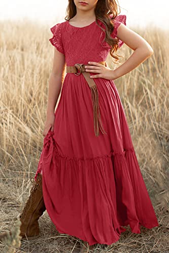 Image of MITILLY Girls Lace Flower Ruffle Sleeve A-Line Swing Wedding Party Long Maxi Dress with Pockets 12-13 Years Red