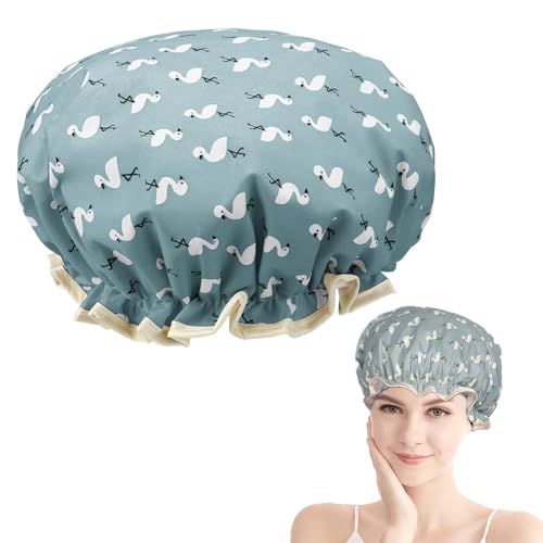 Gorro de ducha de doble capa para mujer, gorro de ducha reutilizable con banda elástica para el cabello, gorro de ducha de plástico impermeable con volantes que cubren las orejas, adecuado para