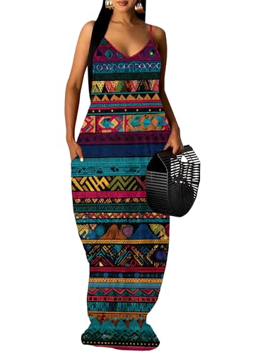 Image of Women's Summer Maxi Dress Spaghetti Strap Floral Boho Beach Long Sundress with Pockets