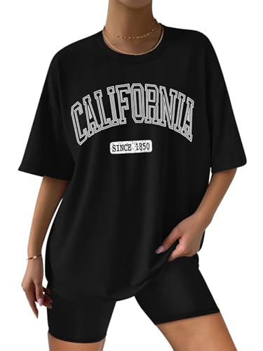 ORANDESIGNE Womens Cotton Oversized T Shirts Letter Graphic Tees Short Sleeve Casual Summer Clothes 2026, California Black, L