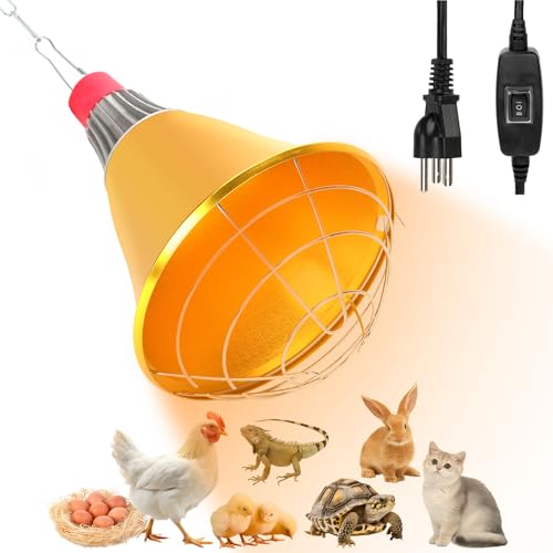 FHTONGE Waterproof Chicken Coop Heated Lamp Shell Ceramic E26 Socket with Cord, Adjust-Heat Brooder Light Clamp Dome Aluminum Reflector, Reptile Heating Lampshade Fixture, Poultry Heat Bulb Clip Hold