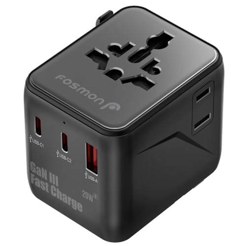 Fosmon Adaptador de Viaje Universal Mundial, Cargador Rápido GAN III 20W con 2X USB-C PD y 1x USB-A, Enchufe Internacional para Estados Unidos USA Reino Unido UK Londres, Tipo A/C/E/F/G/I, Negro
