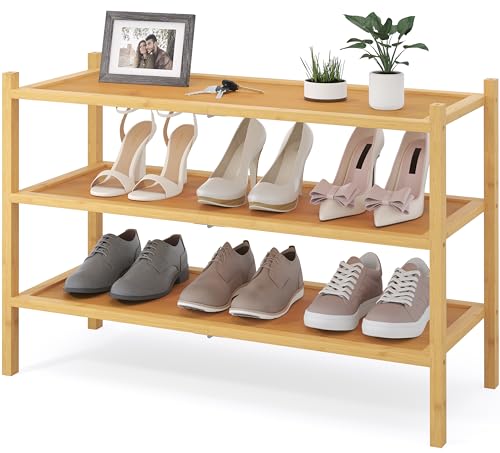 Smiry Bamboo Shoe Rack, 3 Tier Shoe Organizer for Entryway & Closet, Stackable Free Standing Storage Shelf for Shoes, Bags & Plants, Natural