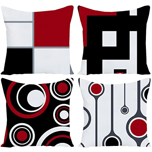 EZVING Set of 4 White Black Red Modern Abstract Geometric Throw Pillow Covers 18x18 Inches Decorative Cushion Pillow Cases Square Pillowcases for Bed Sofa