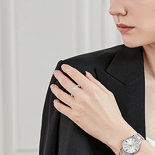 14K White Gold Plated Double Heart Eternity Ring Bezel Setting Round AAAAA Cubic Zirconia Wedding Ring Promise Ring for Her Size 6-104