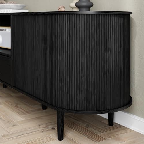 Image of DHH 71 inch Fluted TV Stand with Power Outlet for TVs up to 80 inch, TV Console with Adjustable Shelves and Sliding Door,Mid Century Modern Entertainment Center for Living Room,Bedroom(Black)
