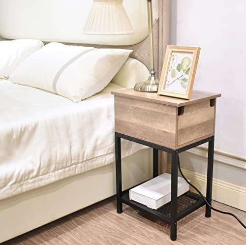 Nightstand With Charging Station Usb Outlet, Narrow End Table With Storage Open Shelf, Couch Side Table Slide Top, Wood & Metal Modern Nightstand With Drawer For Bedroom Living Room Dorm, Light Brown #TOP3