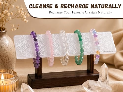 Image of Certified Selenite Crystal Charging Plate, 7.5 Inch Engraved Flower of Life Selenite Stick for Crystal Cleansing Re-Energy Work, Meditation and Pooja - Flower of Life