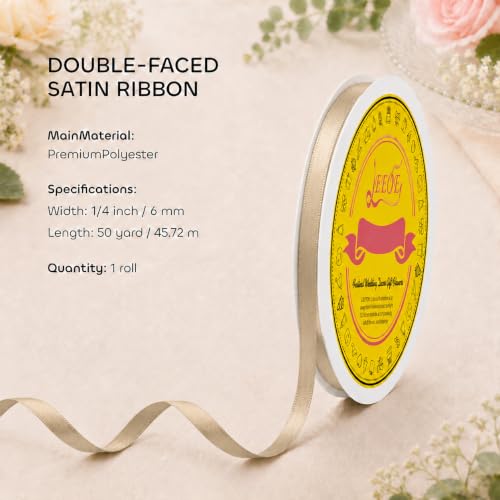Image of Double Face Tan Satin Ribbon 1 /4 inch X 50 Yards Polyester Tan Ribbon for Gift Wrapping Very Suitable for Weddings Party Hair Bow Invitation Decorations and More