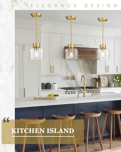 Image of 2-Pack 7 inch Brushed Gold Pendant Lights Kitchen Island, Clear Glass | Modern Brass Hanging Light Fixture Over Island for Dining Room, Adjustable Height, E26 Base, AD-24024-1P2-GD