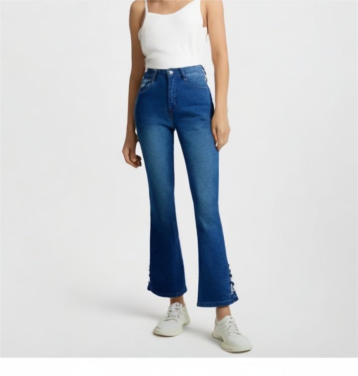 Women's Flare Jeans High Rise Floral Embroidery Mid Waist High Stretchy Bootcut Slim Wide Leg Denim Pants3