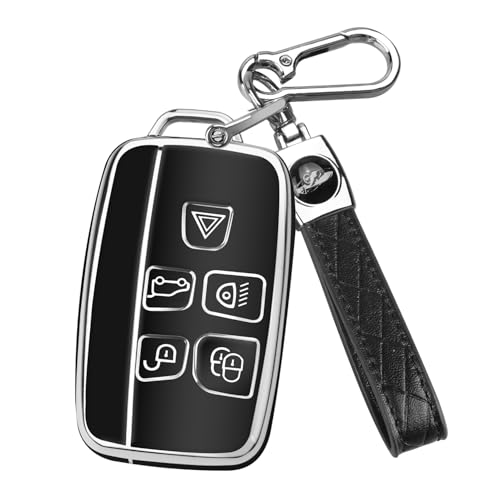 FT FUNTOR for Range Rover Key Fob Cover,Compatible with Land Rover LR4 Range Rover Sport Evoque Jaguar XJ XE XJL XEL XFL F-pace,5 Buttons TPU for Jaguar Key Fob Cover with Silver Edge (A-Black)