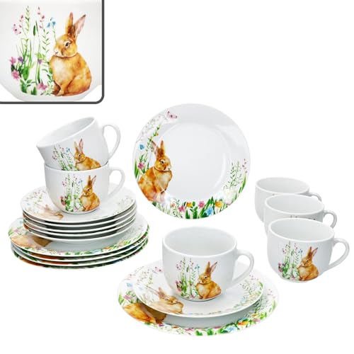 MamboCat 18tlg Kaffeeservice Osterfreude I frühlingshaftes Porzellan-Geschirr mit Osterhasen-Dekor für 6 Personen I Je 6X Tassen 200ml, Untertassen & Teller für Frühstück & Kaffee