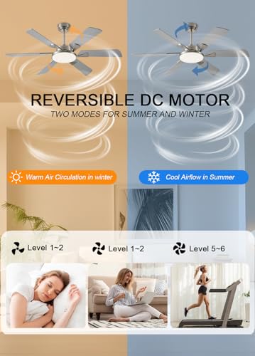 Image of JSAITEE 52 Inch Low Profile Ceiling Fan with Light, Remote & App Control, 3CCT Dimmable,6 Speed 6 Blades Ceiling Fans, Quiet Reversible DC Motor, Modern Nickel Ceiling Fan for Bedroom Living Room