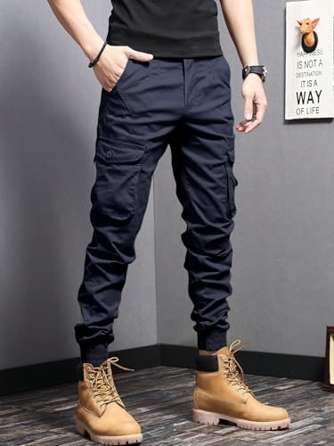 Men's Casual Cargo Pants Tapered Slim Fit Button Joggers Sweatpants Drawstring Tactical Pockets Trousers3