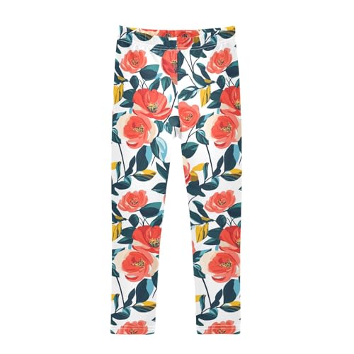 Floral Pattern Red Roses Kids Girl's Cotton Pants Comfortable Full Length Activewear Gym