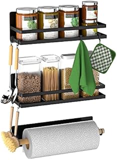 SANNO Refrigerator Magnetic Spice Rack Seasoning Organizers Spice Stand with 8 Removable Hooks, Refrigerator Jar Holder Utensils Towel Shelf Fridge Side Shelf for Kitchen,Metal Cabinet