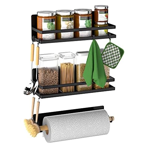 SANNO Refrigerator Magnetic Spice Rack Seasoning Organizers Spice Stand with 8 Removable Hooks, Refrigerator Jar Holder Utensils Towel Shelf Fridge Side Shelf for Kitchen,Metal Cabinet Cover