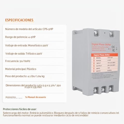 Convertidor Monofásico a Trifásico de 5 Caballos de Fuerza, Convertidor de Fase Digital para Conversión de Energía de Equipos de Motor para Herramientas de Garaje y Maquinaria de