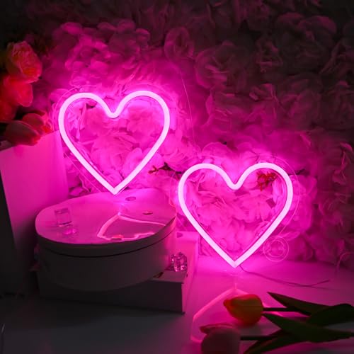 Image of Britrio Pink Heart Neon Sign Home Decor, 2 Pcs Neon Heart Light LED Wall Decoration Night Light for Girl Dorm Bedroom Wedding Birthday Party Decor Mothers Day Gift Battery Operated or USB Powered