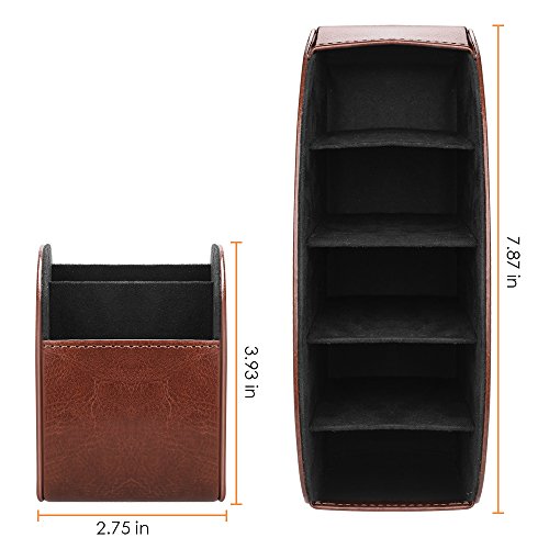 Image of SITHON Remote Control Holder with 5 Compartments - PU Leather Remote Caddy Desktop Organizer Store TV, DVD, Blu-Ray, Media Player, Heater Controllers, Brown
