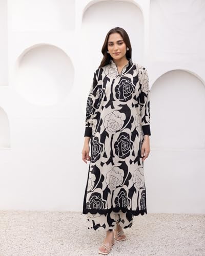 Image of GoSriKi Kurta Set for Women Viscose Blend Printed | Kurti Set for Woman | Straight Kurta Palazzo Set Women | 2 Piece Set Womens | V-Slit Collar Full Sleeve Regular Fit Stylish Ethnic Outfit Clothing