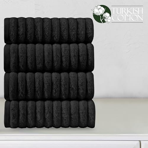 Image of Elegant Comfort Luxury 100% Turkish Cotton Corduroy Ribbed 4 Pack Hand Towel Set 16 x 28 Inch - Absorbent, Super Soft, Quick Dry, Premium Towels for Bathroom, Gym, Spa and Hotel Use, Black