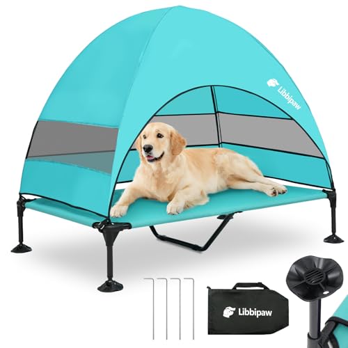 Libbipaw Windproof Elevated Dog Bed with Canopy & Stakes, 3-Sided 90% UV Block, Chew-Proof Teslin...