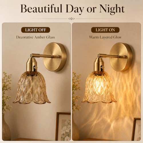 Image of Vintage Gold Wall Sconces - Hardwired Wall Mounted Light Fixtures with Clear Green Tulip Glass Lampshade, 2 Usage Methods Wall Light fixtures for Bedside Bedroom Living Room Wall Decor