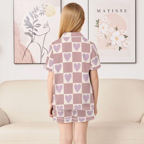 Cartoon Purple Hearts Summer Satin Pajama Set, Cute Button-Down Sleepwear Pj Set for Sleep Wears4
