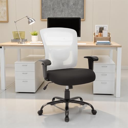 Image of BestOffice Big and Tall Office Chair 400lbs Desk Chair Mesh Computer Chair with Lumbar Support Wide Seat Adjust Arms Rolling Swivel High Back Task Executive Ergonomic Chair for Home Office, White
