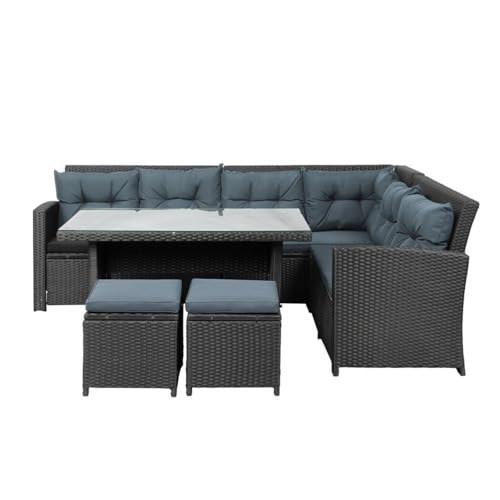 Image of DEVOKO 5 Pieces Patio Outdoor HDPE Wicker Dinning Set, Outside Couch with Table for Porch, Lawn, Garden, Backyard (Black and Grey)