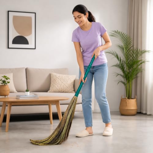 Image of Natural Grass Broom for Home Cleaning | Phool Jhadu with Ergonomic Handle | Lightweight Long Handle Floor Broom's for Indoor & Outdoor Sweeping | Soft Grass Broom for Tile, Marble & Wooden Floors
