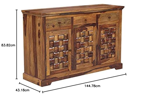 Image of Solid Sheesham Wood Multipurpose Sideboard Storage Cabinet with 3 Drawers & 3 Door for Home and Living Room Furniture (P. Teak)