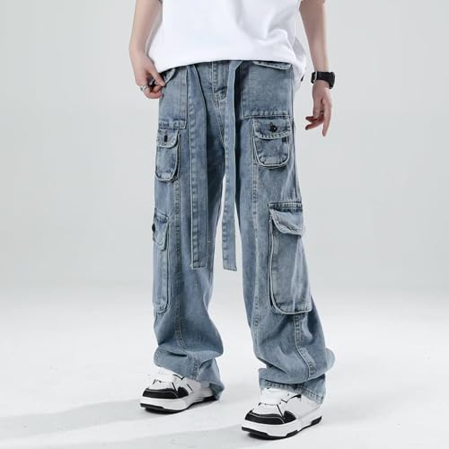 Men's Loose Fit Cargo Jeans Streetwear Hip Hop Cargo Pants with Multiple Pockets Straight Wide Leg Denim Pants4