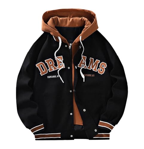 Betusline Mens Fake Two-Piece Hooded Baseball Bomber Jacket