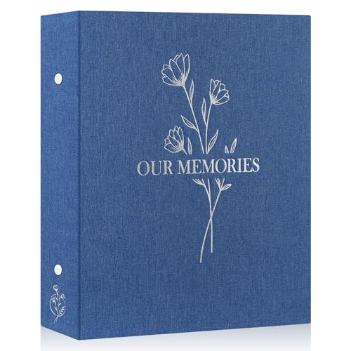 Lanpn Lino Album de Fotos 10x15 400, OUR MEMORIES Tapa Dura Album para Photos Bolsillos Verticales Azul