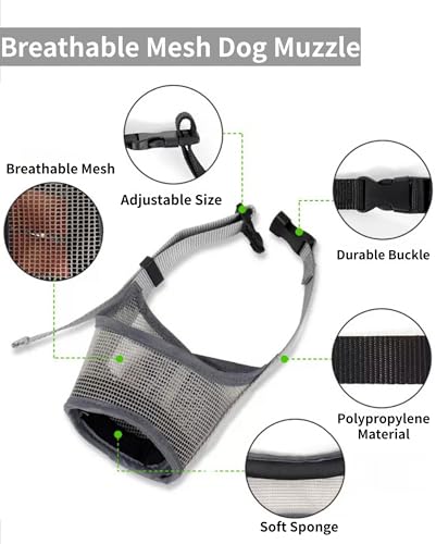 2 Pack Breathable Dog Muzzle - Soft Mesh Dog Mouth Guard with Comfortable Nose Protection, Adjustable Pet Safety Muzzle for Medium Large Dogs, Prevents Biting Barking (Grey, Small)