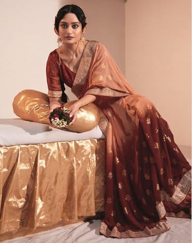 Image of SIRIL Women's Lace & Foil Printed Georgette Saree with Unstitched Blouse Piece(2826S474 Maroon, Peach)