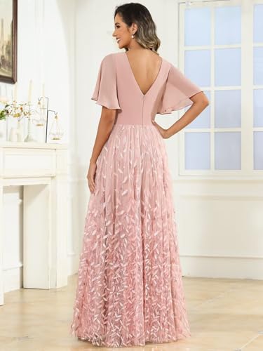 OFEYCHUN Mother of The Bride Dresses Sequin Chiffon V Neck Wedding Guest Dress with Sleeves2