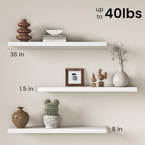 Image of Fun Memories 36Inch Floating Shelves for Wall, 8 Inch Deep Shelves for Bathroom|Bedroom|Kitchen, Large Wall Mounted Wood Hanging Shelf with Invisible Brackets for Home Storage Decor, White - 2 Pack
