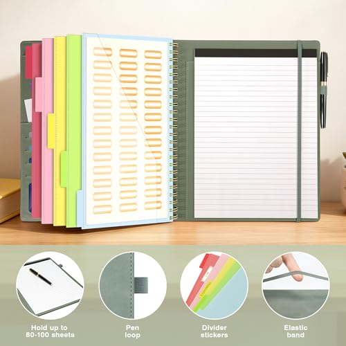 Image of Clipboard with Storage for Men Women, Leather Padfolio Portfolio Organizer 5 Folders with 10 Pockets, Spiral Clipboard Folio with Notepad for Letter Size, Elastic Closure and Pen Loop Sage Green